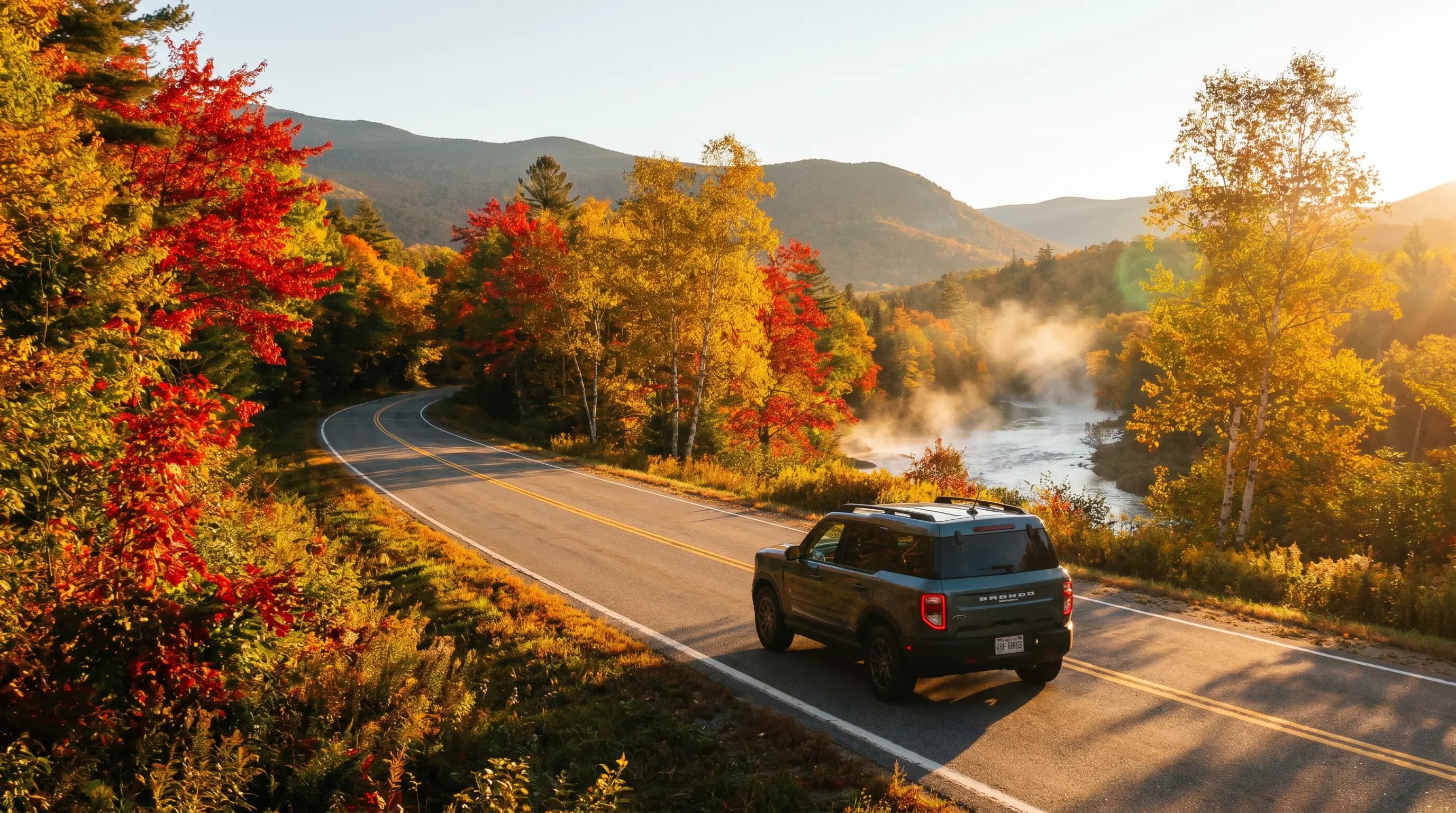 Ford Bronco Sport driving toward Kancamagus Highway in New Hampshire