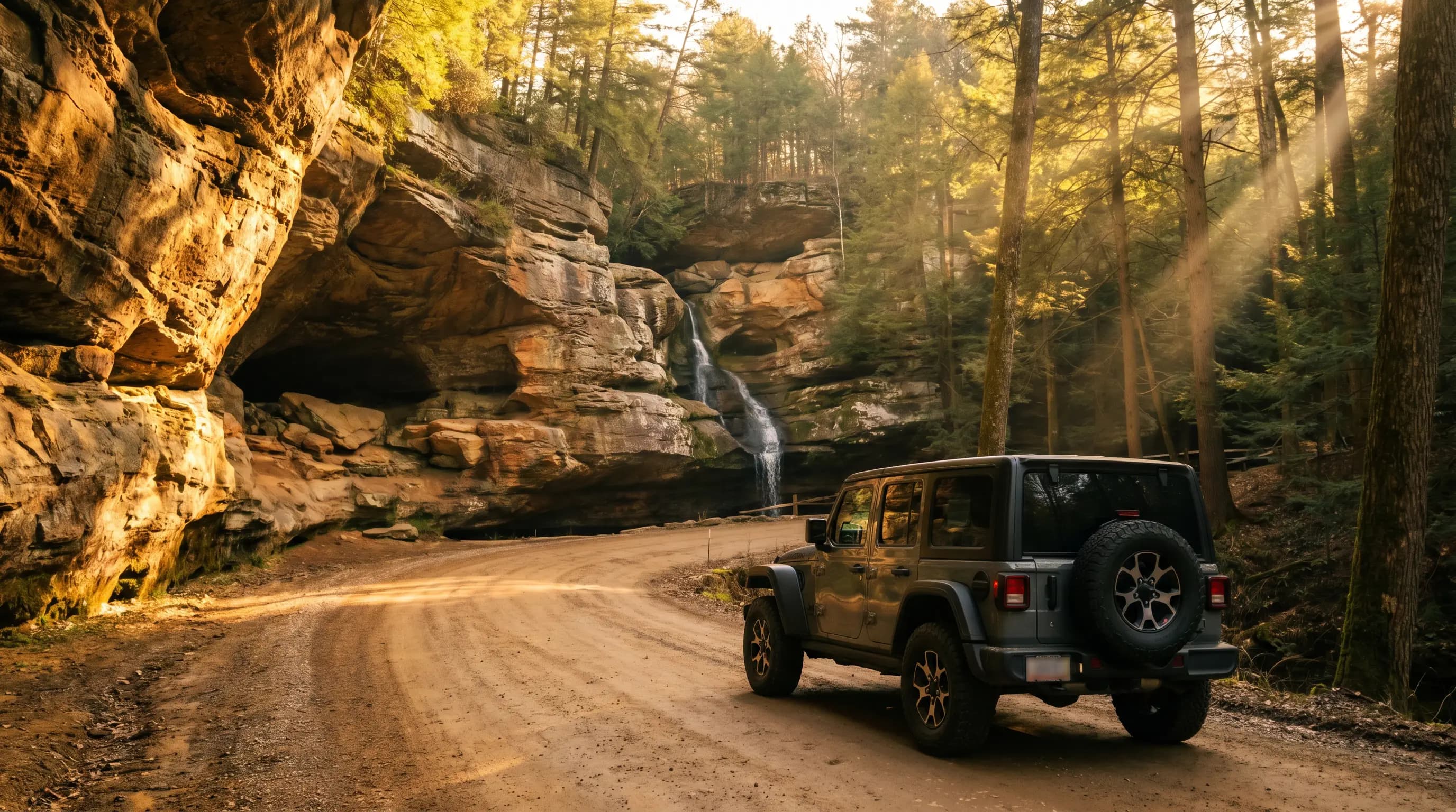 Jeep Wrangler driving toward Hocking Hills in Ohio